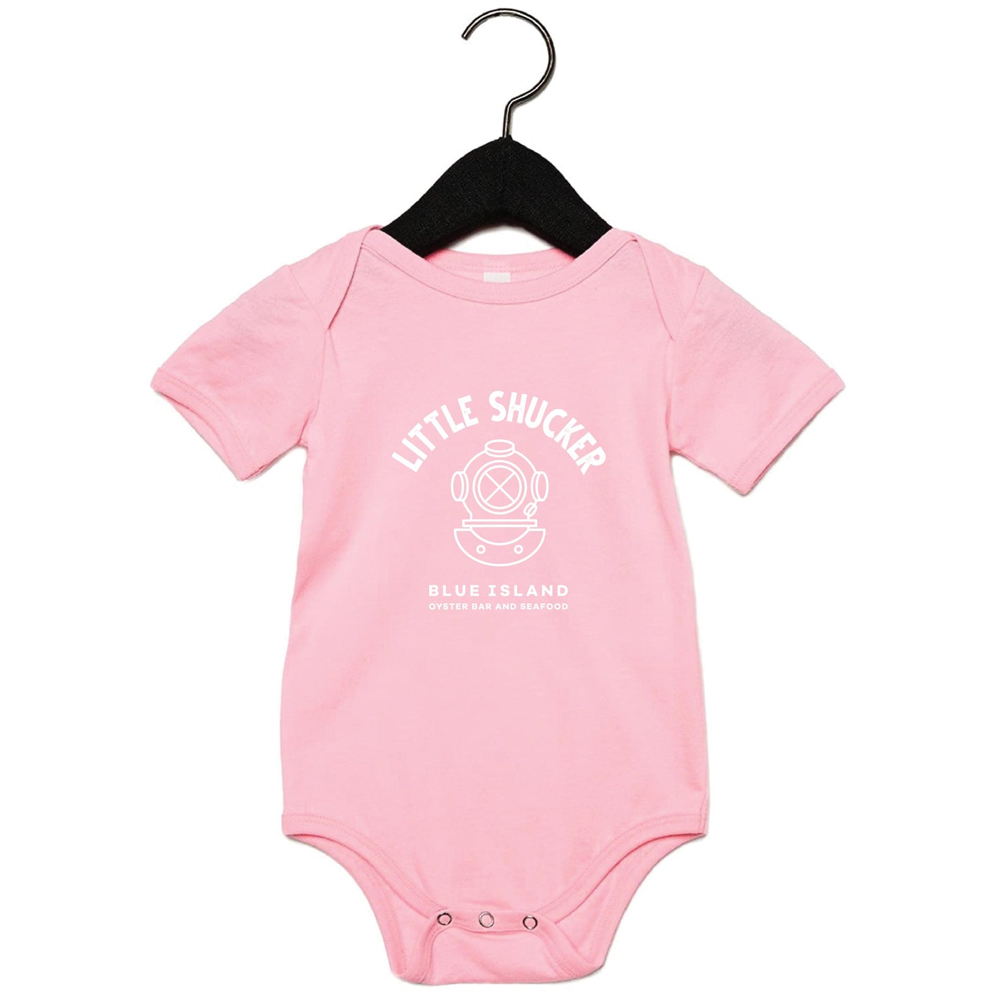 Light pink cotton infant one-piece with white Little Shucker diver helmet graphic, envelope neck, and snap leg closure.