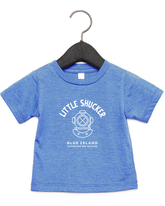 Blue heathered cotton infant t-shirt with white Little Shucker diver helmet graphic on a black hanger.