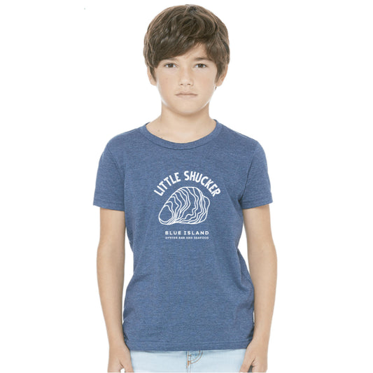 Youth wearing a blue heathered cotton-blend t-shirt with a white Little Shucker oyster graphic on the chest.