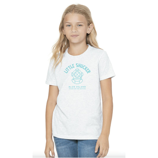 Youth wearing a heather white cotton t-shirt with a blue Little Shucker oyster bar graphic on the chest.