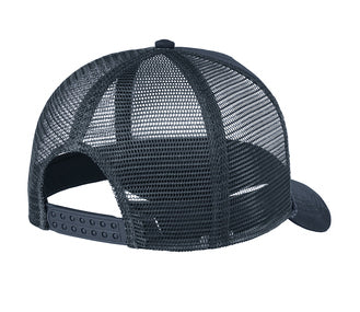 Blue structured snapback hat featuring a breathable navy polyester mesh back and an adjustable 7-position strap.