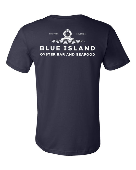 Navy blue unisex cotton t-shirt featuring a white Blue Island Oyster Bar and Seafood logo with a diver helmet graphic.