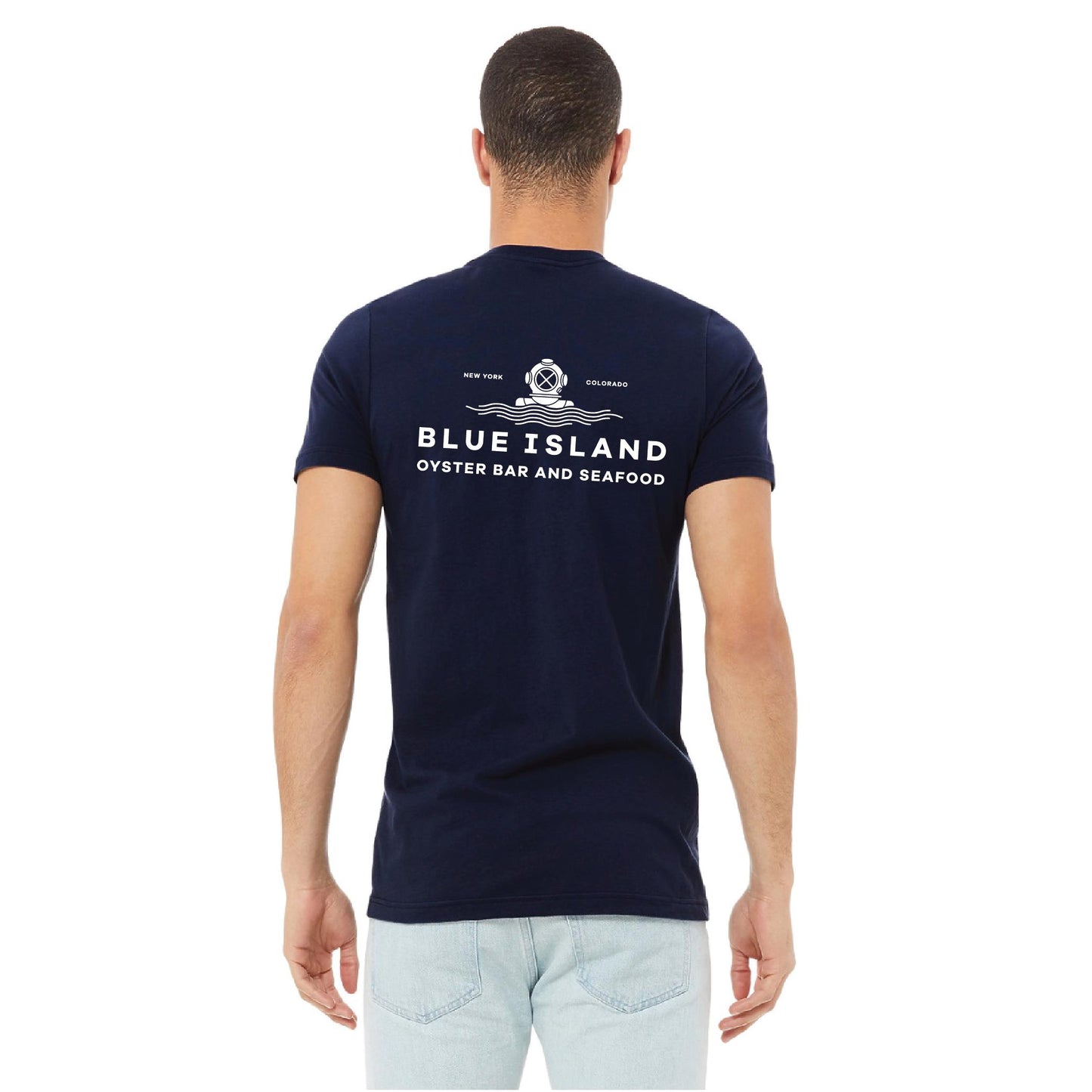 Back view of a navy blue unisex cotton t-shirt featuring a white Blue Island Oyster Bar and Seafood stencil logo.