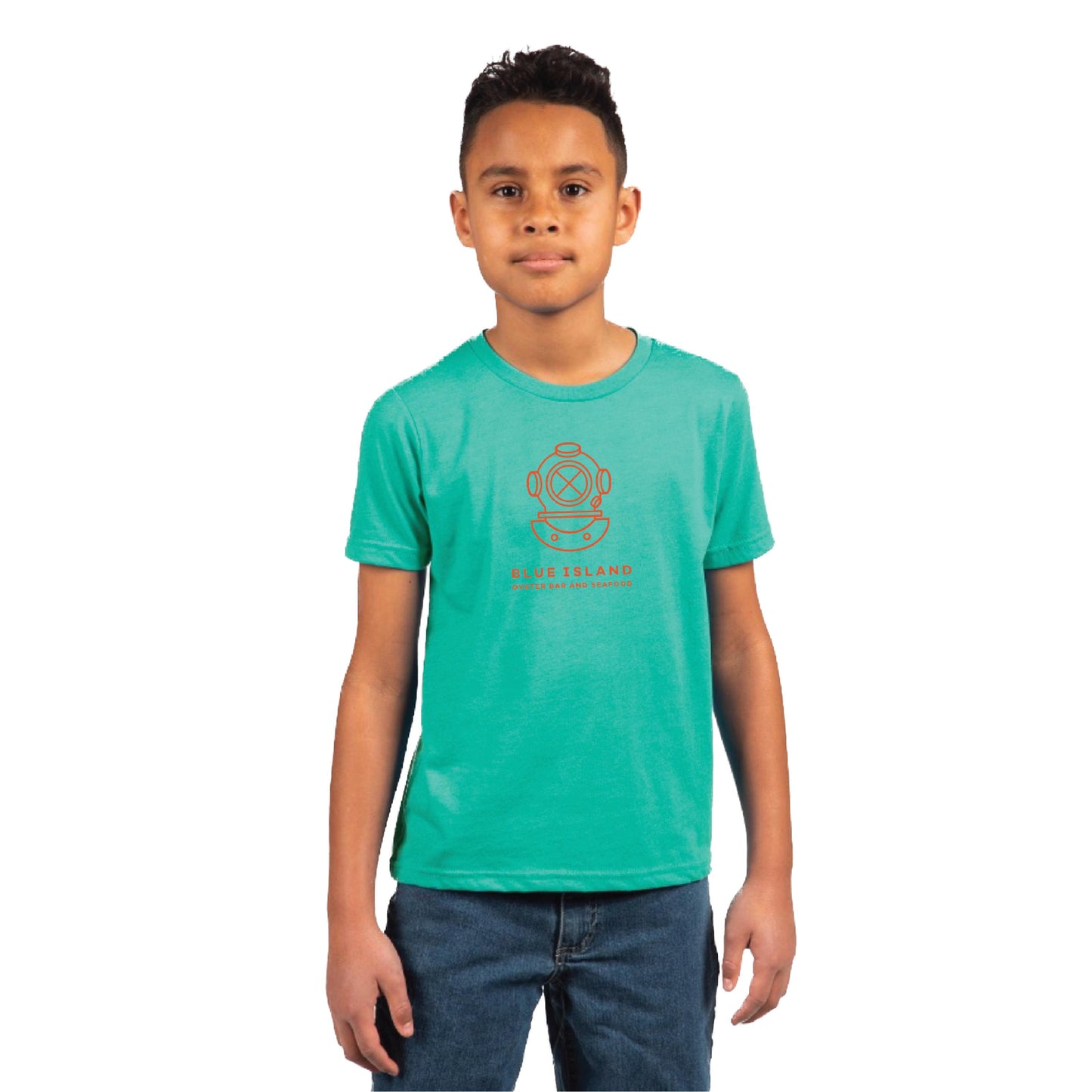 Youth wearing a bright teal Blue Island graphic t-shirt made of soft cotton-polyester blend with a crew neck.