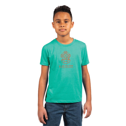 Youth wearing a bright teal Blue Island graphic t-shirt made of soft cotton-polyester blend with a crew neck.