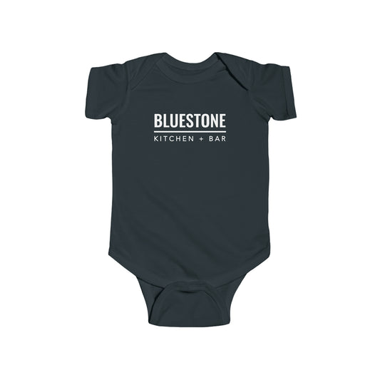 Dark grey cotton infant bodysuit featuring the white Bluestone Kitchen + Bar logo on the chest.