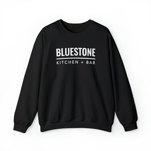 Black heavy blend crewneck sweatshirt featuring white Bluestone Kitchen + Bar text branding on the chest.