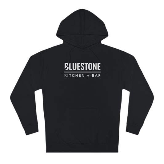 Black cotton-blend fleece hoodie featuring a white Bluestone Kitchen + Bar logo on the chest with a front kangaroo pocket.