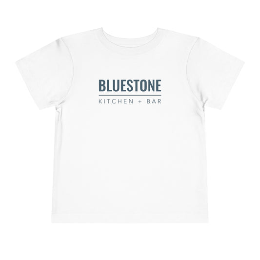 White toddler short sleeve tee made of soft cotton with Bluestone Kitchen + Bar logo printed on the chest.