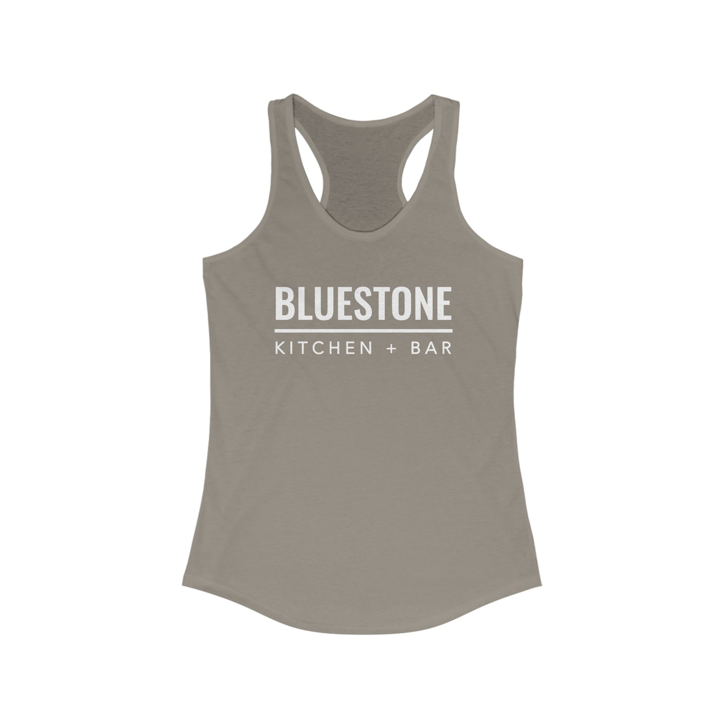Slim-fit grey women's racerback tank top featuring white Bluestone Kitchen + Bar logo print.