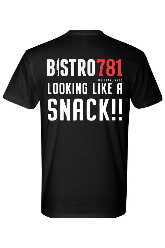 Black cotton t-shirt featuring the Bistro781 logo and Looking Like A Snack text in white and red on the back.