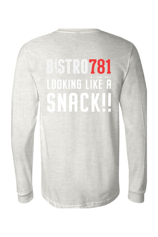 Light grey long-sleeve cotton jersey tee featuring Bistro781 Looking Like a Snack graphic on the back.