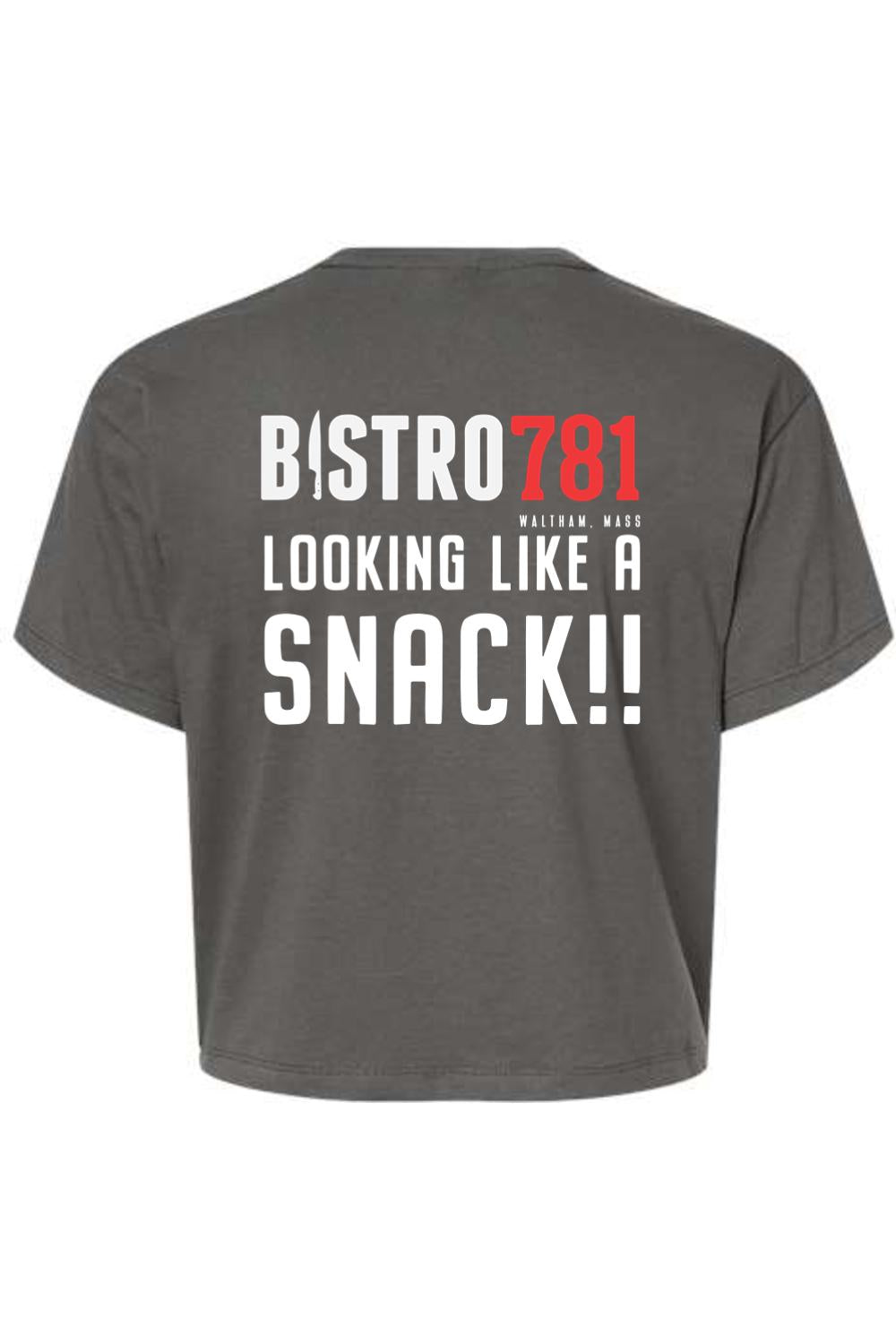 Charcoal grey women's cropped cotton-blend tee featuring Bistro781 branding and Looking Like A Snack text on the back.