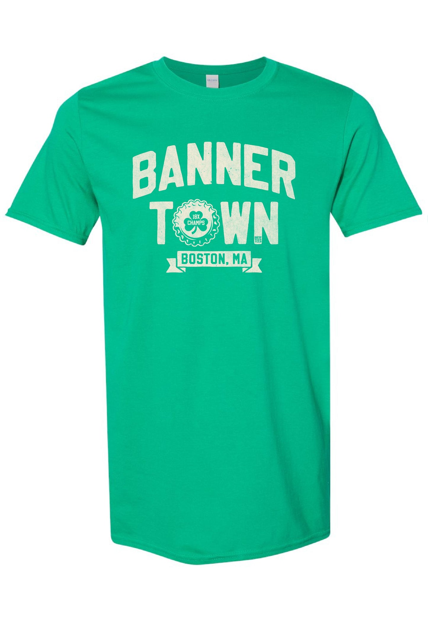 Green 100% cotton men's t-shirt featuring white Banner Town Boston, MA graphic with a shamrock 18x champs logo.