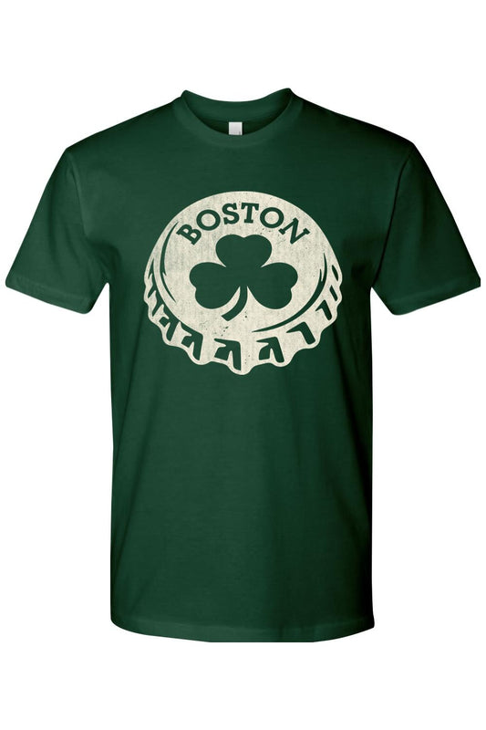 Dark green cotton t-shirt featuring a white Boston bottle cap graphic with a central shamrock design.