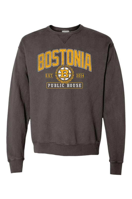Black and gold garment-dyed crewneck sweatshirt featuring a vintage Bostonia Public House graphic print.