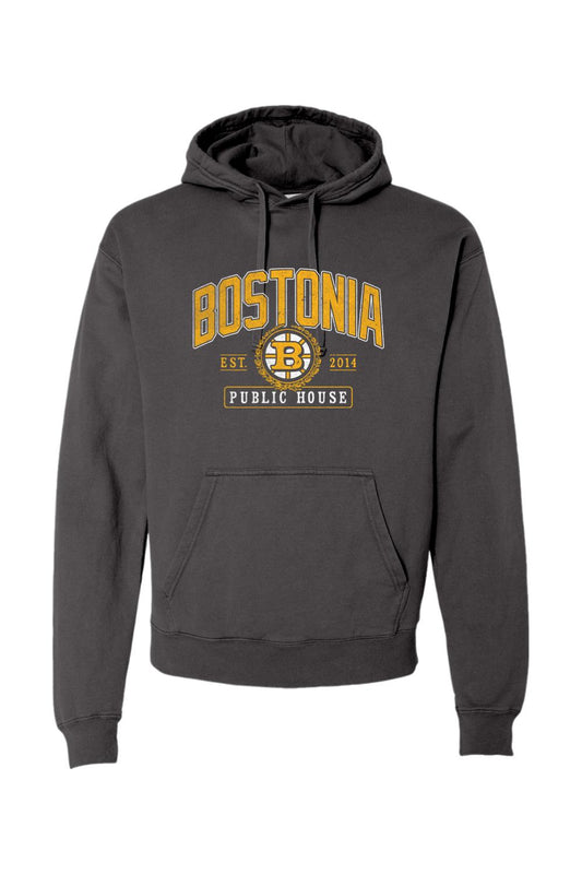 Black garment-dyed hoodie with Bostonia Public House gold and white graphic print, featuring a front kangaroo pocket.