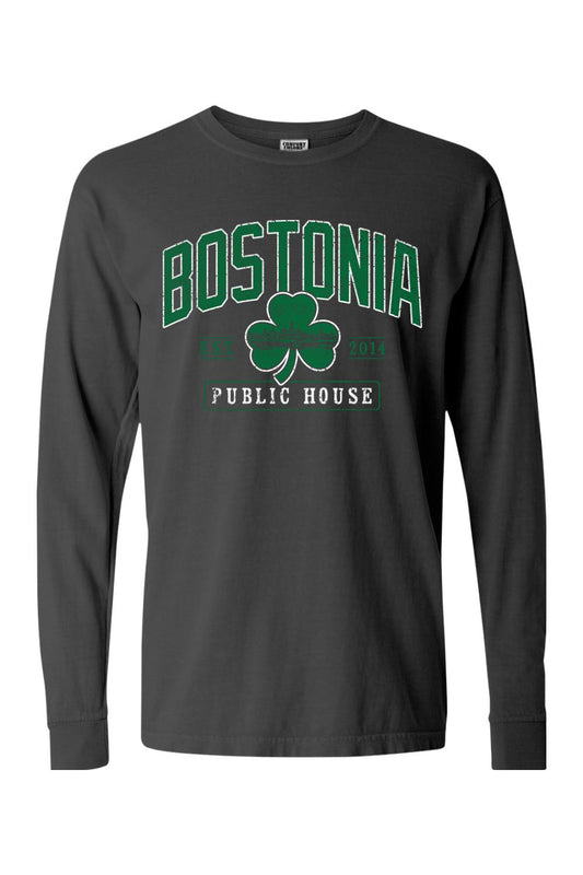 Charcoal grey Comfort Colors long sleeve t-shirt featuring a green Bostonia Public House clover graphic.