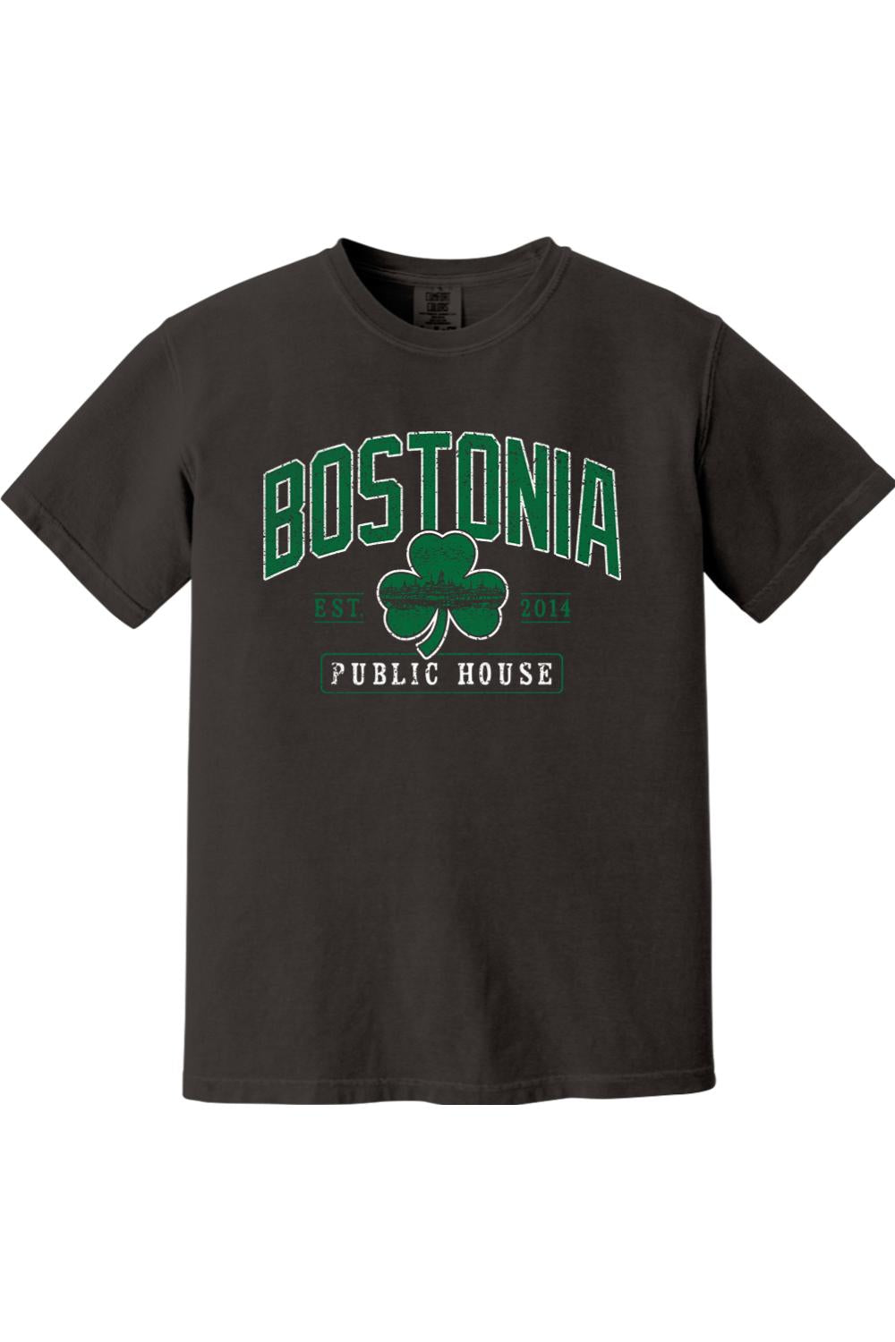 Charcoal grey Comfort Colors cotton t-shirt featuring a green Bostonia Public House clover graphic print.