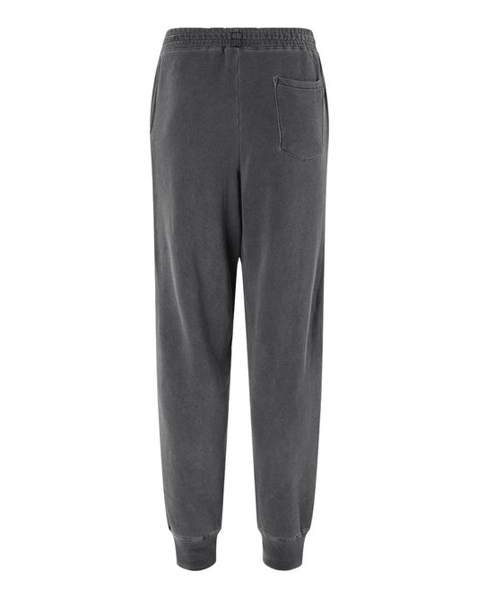 Back view of charcoal grey Bostonia fleece joggers with an elastic waistband, ribbed ankle cuffs, and a back pocket.