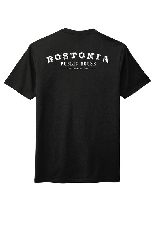 Black Bostonia Public House triblend crewneck tee with white back graphic print.