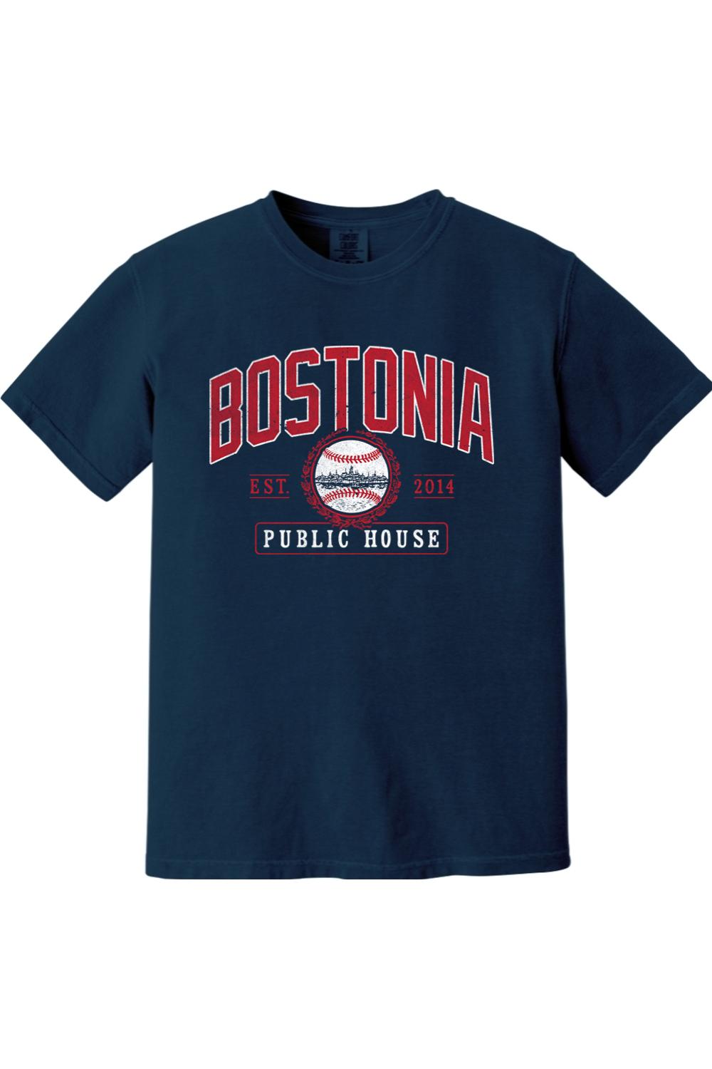 Navy blue Comfort Colors cotton t-shirt featuring a red and white Bostonia Public House baseball logo graphic.