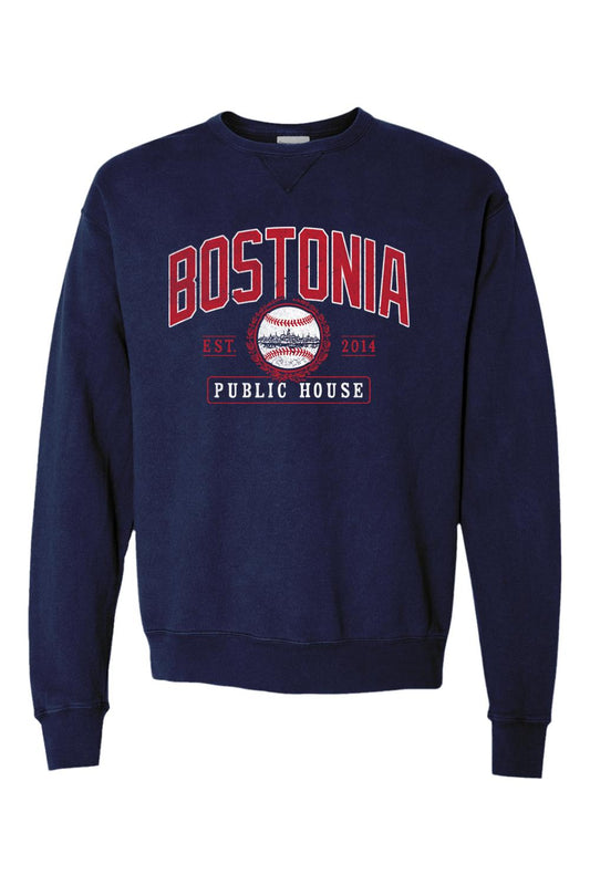 Navy blue garment-dyed crewneck sweatshirt with Bostonia Public House baseball graphic and vintage-style red lettering.