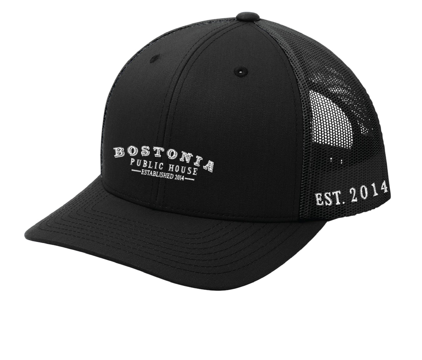 Black Bostonia Public House structured trucker cap with breathable mesh back and adjustable snap closure.
