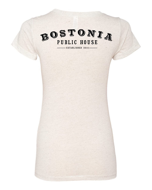 Women's cream triblend tee featuring a black Bostonia Public House logo on the back in a semi-relaxed fit.