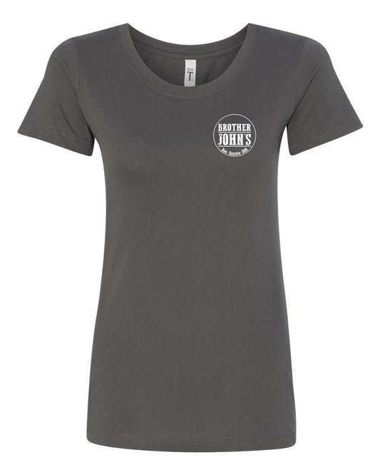 Charcoal grey women's crewneck t-shirt featuring a white Brother John's Beer, Bourbon, and BBQ logo on the chest.