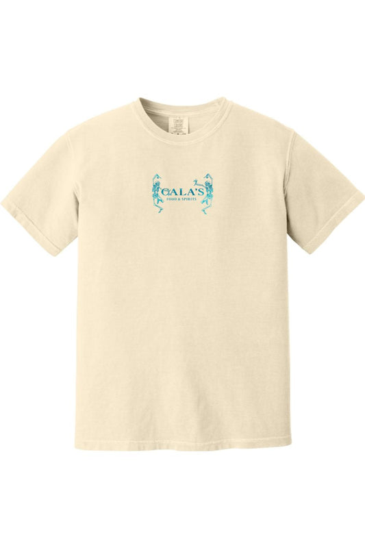 Cream-colored Comfort Colors unisex t-shirt featuring a blue Cala's Food & Spirits logo with dancing skeletons.