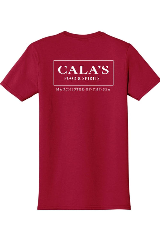 Red short-sleeve unisex t-shirt featuring a white Cala's Food & Spirits logo printed on the back.