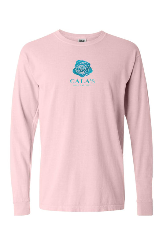 Muted rose Comfort Colors long sleeve t-shirt with a blue rose logo and Cala's Food & Spirits text on the chest.