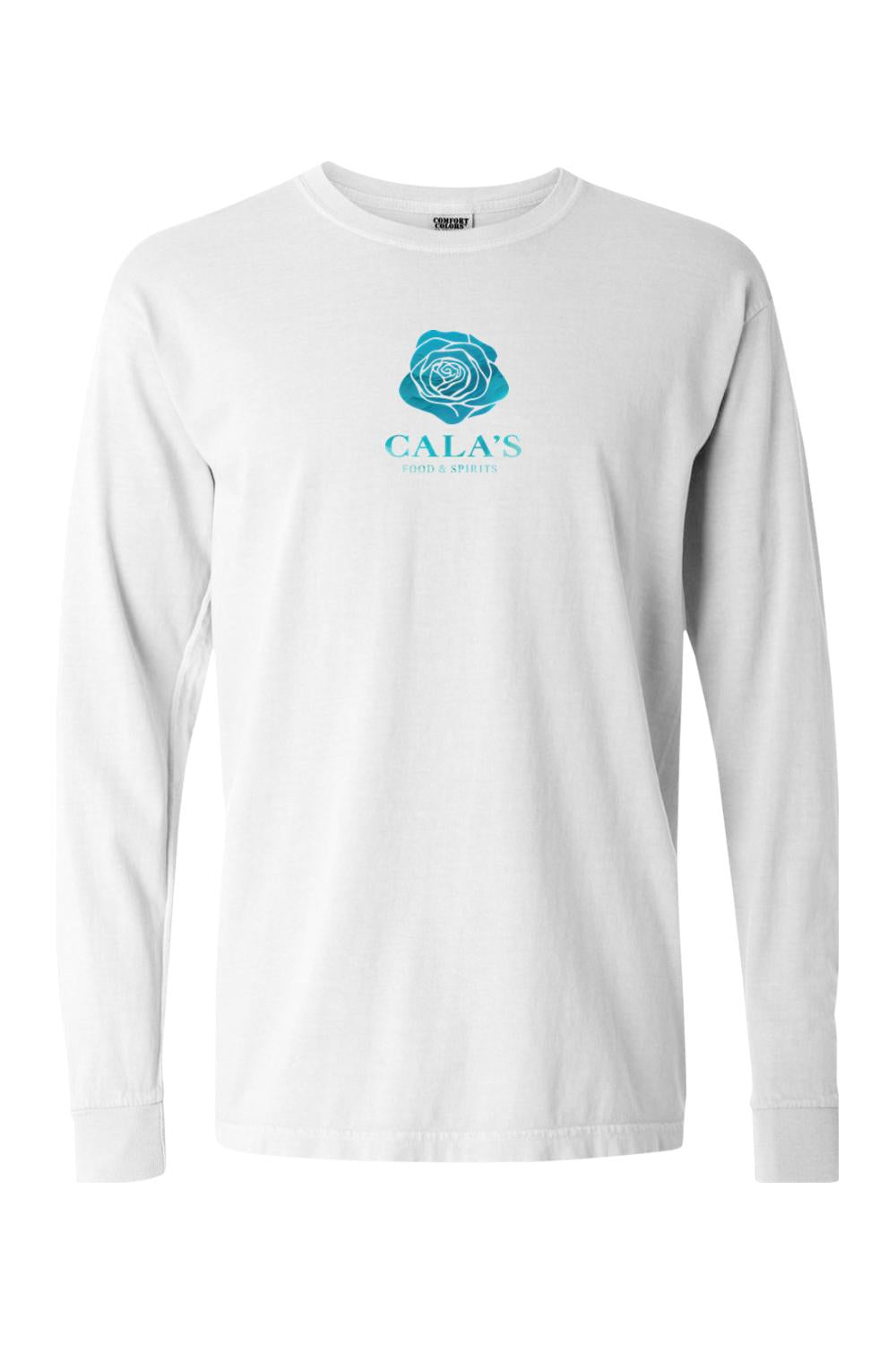 White Comfort Colors long sleeve t-shirt featuring a blue rose logo and Cala's Food & Spirits text on the chest.