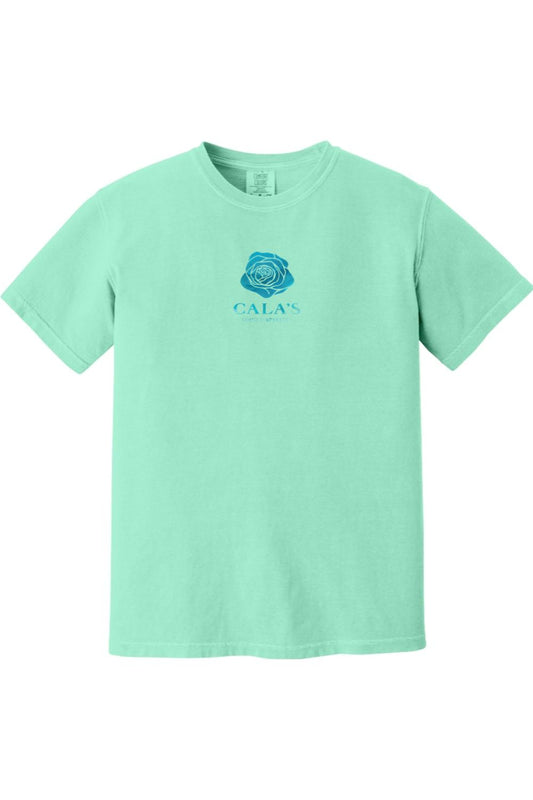 Mint green Comfort Colors unisex t-shirt featuring a blue rose graphic and Cala's logo on the chest.