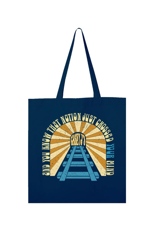 Navy blue canvas tote bag featuring a vintage-style train track graphic with the text Casey J's Just Crossed Your Mind.