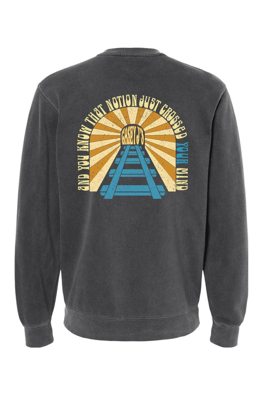 Charcoal pigment-dyed crewneck sweatshirt featuring a vintage-style Casey J's Tavern graphic on the back.