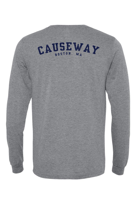 Grey triblend long sleeve tee featuring a navy blue Causeway Boston, MA graphic on the back.
