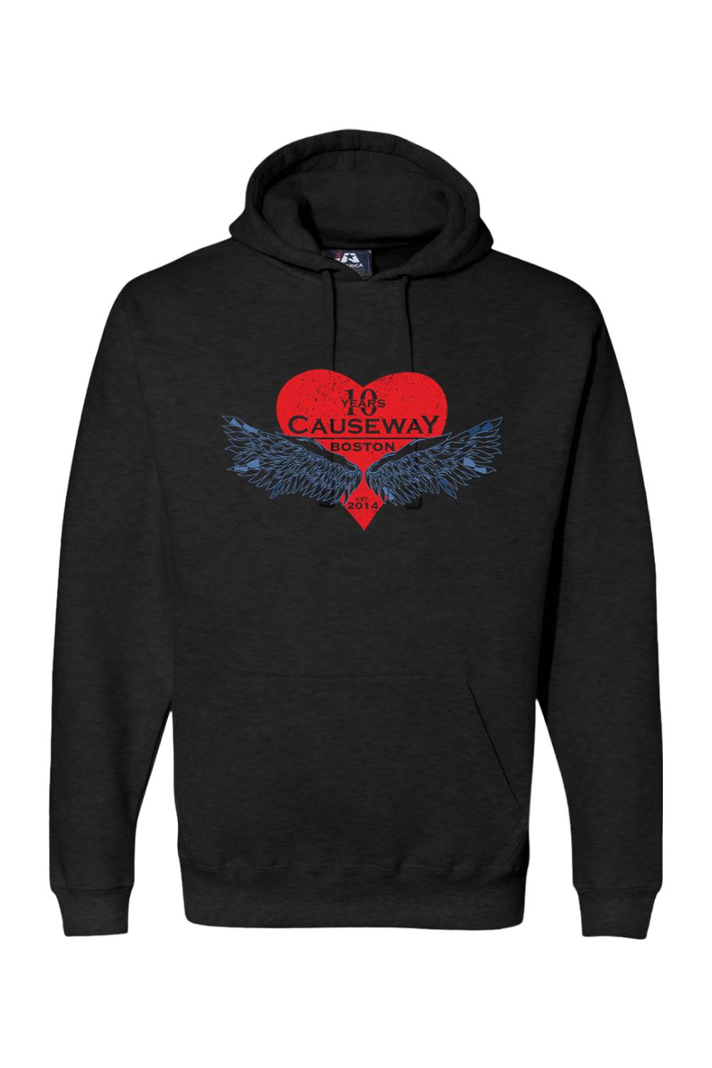 Black premium cotton hoodie featuring a red heart graphic with blue wings and Causeway 10th anniversary text.