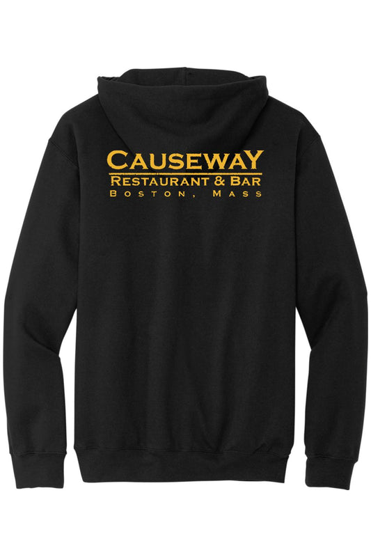 Black cotton hoodie featuring a yellow Causeway Restaurant & Bar Boston logo printed on the back.