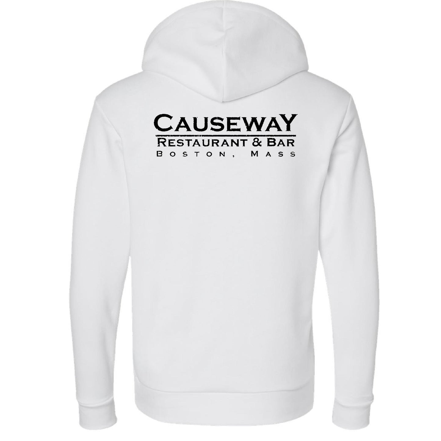 White Causeway Restaurant & Bar hooded sweatshirt with black back graphic, ribbed cuffs, and cotton-blend fabric.