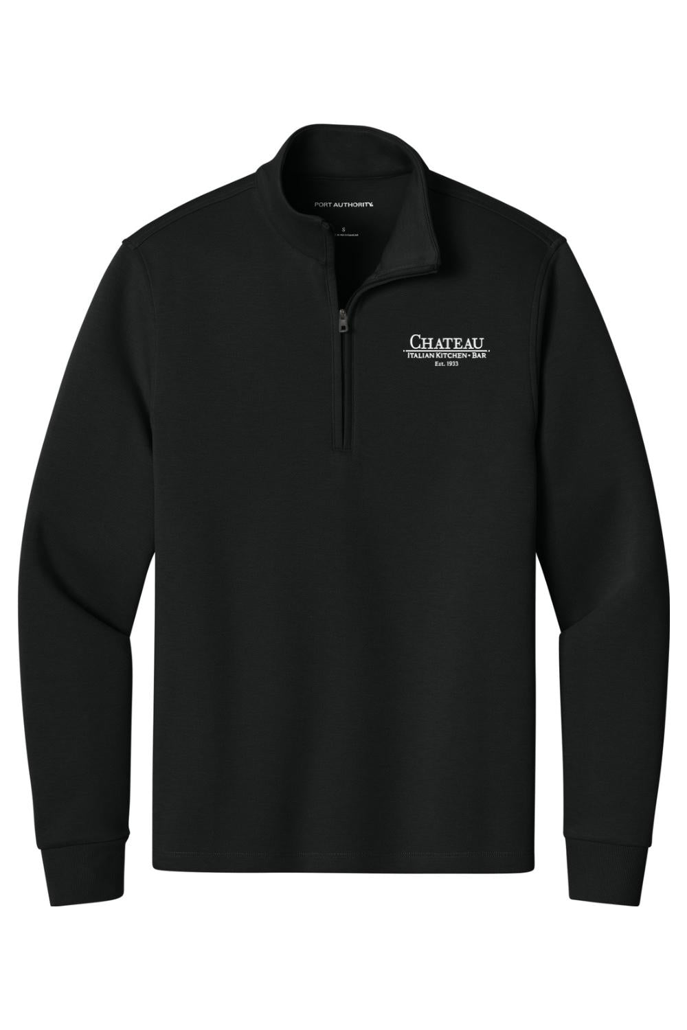 Black double pique 1/4-zip pullover with an embroidered white Chateau Italian Kitchen & Bar logo on the chest.