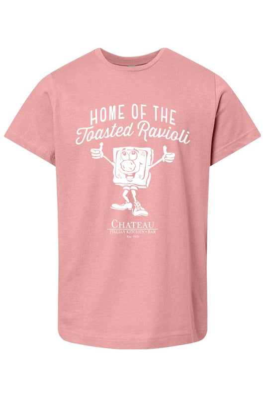 Dusty pink youth cotton t-shirt with a white Home of the Toasted Ravioli graphic and Chateau branding.