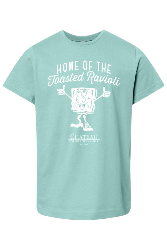 Youth mint green cotton t-shirt featuring a white Chateau Home of the Toasted Ravioli graphic print.
