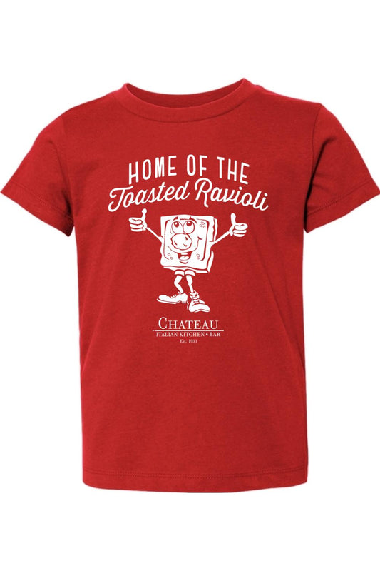 Red toddler cotton t-shirt featuring a white Chateau Home of the Toasted Ravioli graphic with a cartoon ravioli character.