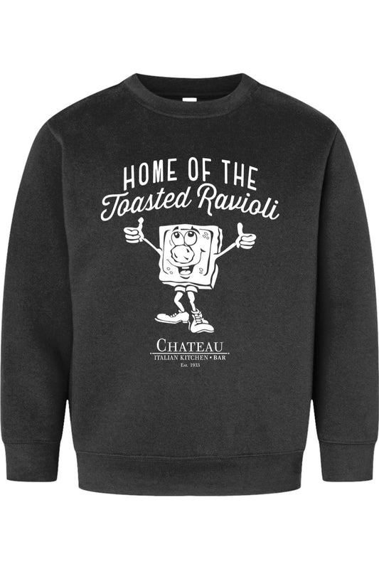 Black youth crewneck sweatshirt featuring a white graphic of a cartoon toasted ravioli and Chateau Italian Kitchen text.