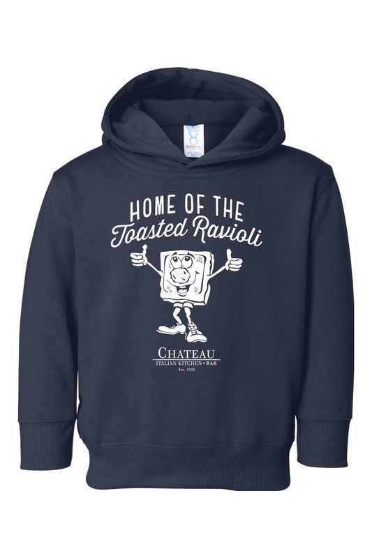 Navy blue toddler hoodie featuring a white graphic of a cartoon toasted ravioli and Chateau Italian Kitchen text.