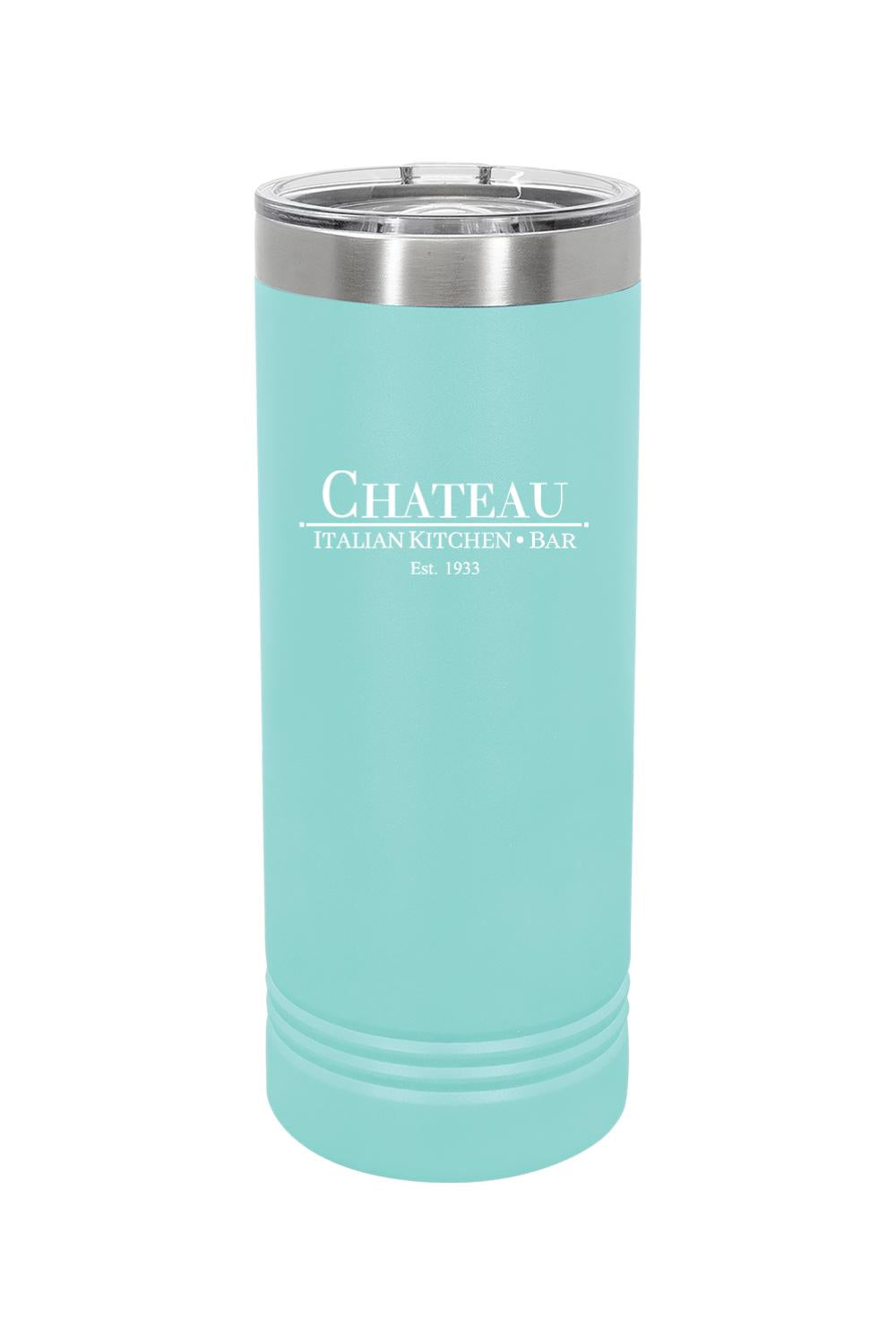 Light blue 22 oz. stainless steel skinny tumbler with Chateau Italian Kitchen & Bar logo and slider lid.