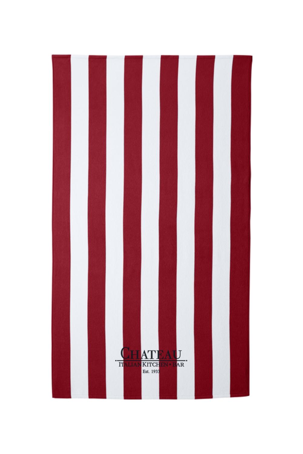 Red and white cabana stripe cotton beach towel with embroidered Chateau Italian Kitchen + Bar logo.