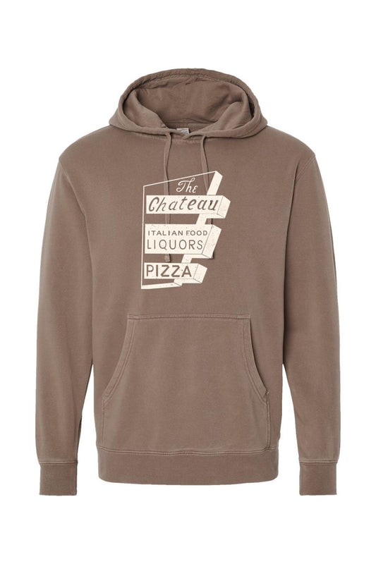 Brown pigment-dyed hoodie with a vintage Chateau Italian Food and Pizza sign graphic and front pouch pocket.